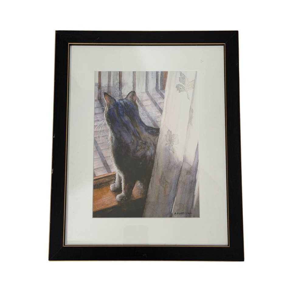 M.B. Gibbs-Strom Cat Watercolor Painting Signed Framed 13x16 Black Gold Art